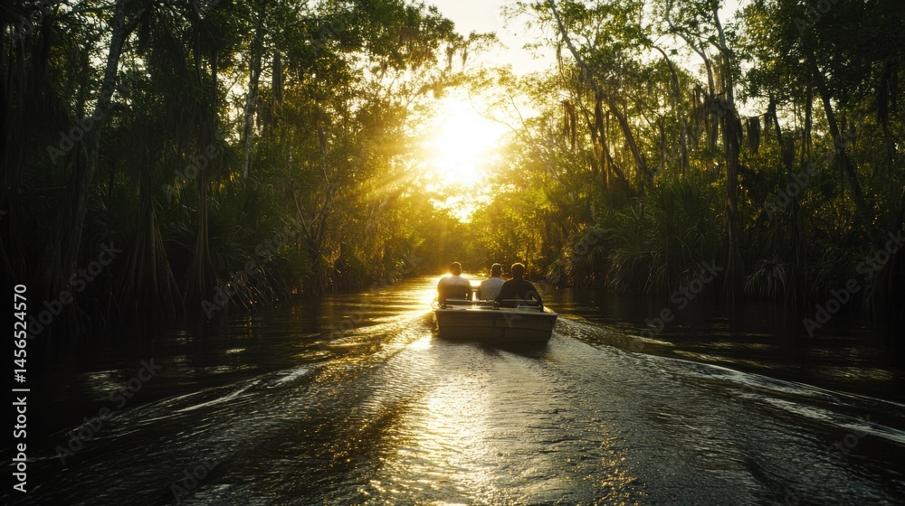 Obraz premium Boat trip through enchanting, sun-drenched swamp channel at golden hour