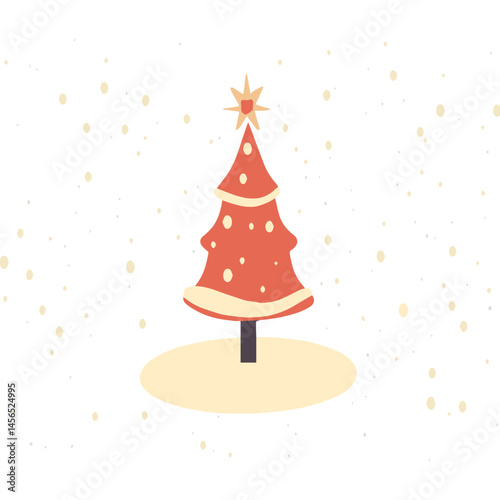 Festive Cartoon Christmas Tree with Ornaments and Stars Surrounded by Snowflakes on Black Background for Holiday Celebrations and Decorations