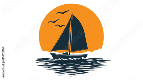 Serene sunset view with sailing boat silhouette against vibrant orange sky and gentle waves, perfect for travel and adventure themes