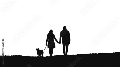 Silhouette of Couple Walking Hand in Hand with Dog Against Sunset Sky on a Tranquil Horizon, Evoking Feelings of Love and Adventure