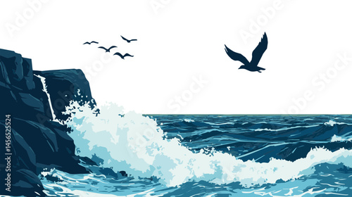 Serene Coastal Landscape with Waves Crashing Against Rocky Shoreline and Birds Flying Overhead in a Tranquil Ocean Scene