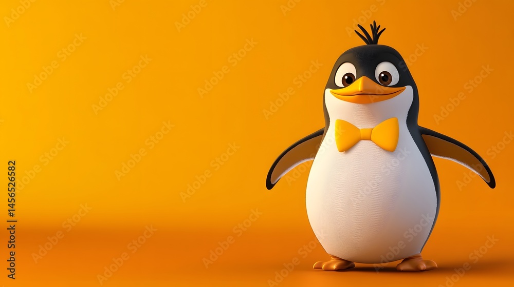 Obraz premium Cheerful cartoon penguin in a vibrant orange background.