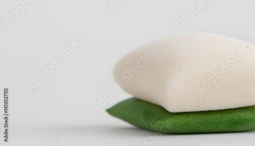 Two soft, square cushions stacked; one cream, one green.  Soft texture, simple design