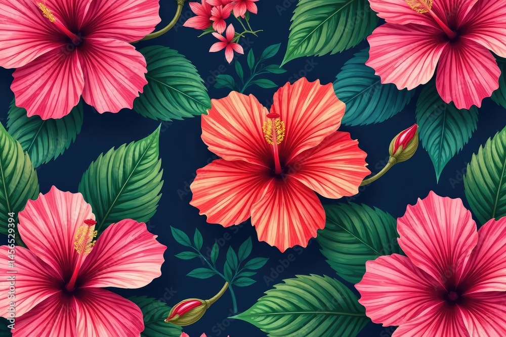 Obraz premium Bold, large-scale hibiscus blooms in a vibrant tropical pattern , wallpaper, tropical, repeat