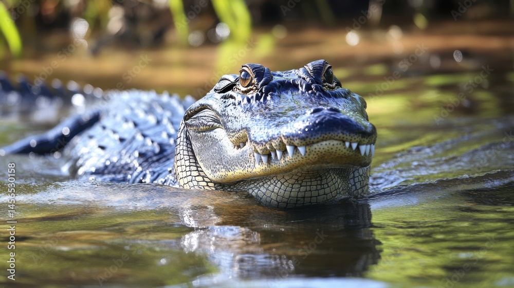 Fototapeta premium American Alligator submerged in a swamp, showcasing its skin texture and teeth