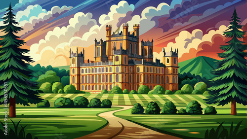 Highclere Castle, the iconic setting of Downton Abbey, carries its grandeur and elegance against an atmospheric sky, with lush green lawns leading up to