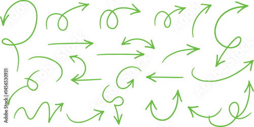 reen Hand-Drawn Arrow Set,Collection of Green Doodle Arrows,Various Sketchy Green Arrows Isolated,Handwritten Green ArrowUnique Green Arrow Shapes and Directions on White AI Generative