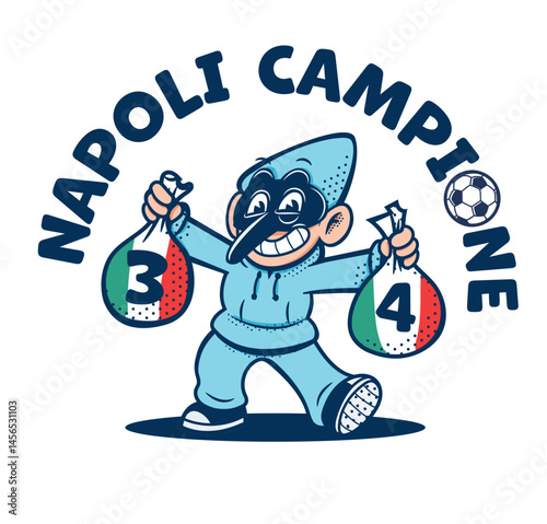 pulcinella cartoon retro mascot napoli with bags italian flag victory soccer