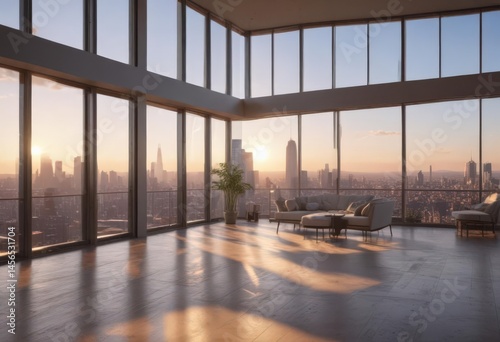 Sun-drenched penthouse, breathtaking city vista, sunset, view, stylish
