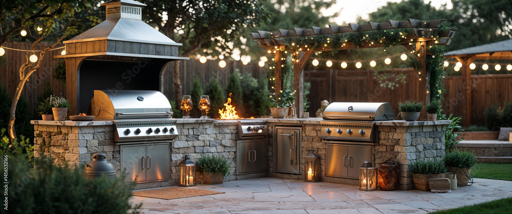 Luxurious outdoor kitchen and barbecue area illuminated with string lights and garden elements Luxurious outdoor kitchen and barbecue area illuminated with string lights and garden elements