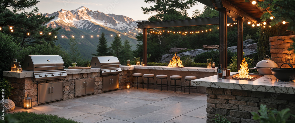 Fototapeta premium Luxurious outdoor kitchen and barbecue area with mountain views at dusk