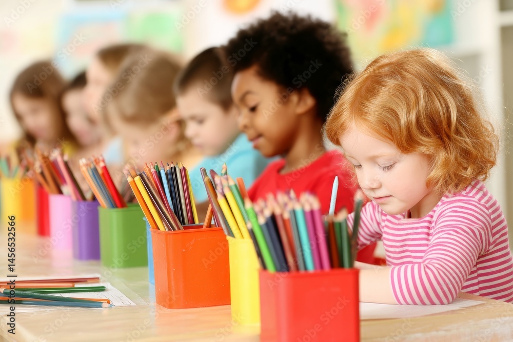 Fototapeta premium Two children who are young and diverse are collaborating on an assignment in a classroom at middle school