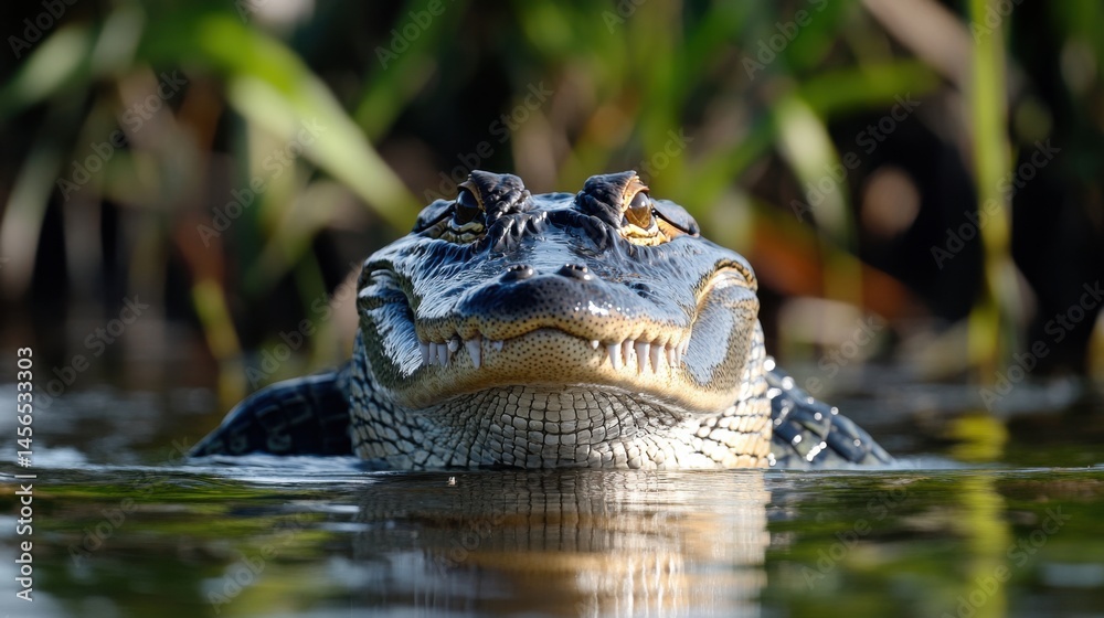 Obraz premium Intense gaze: American alligator emerging from still murky swamp waters
