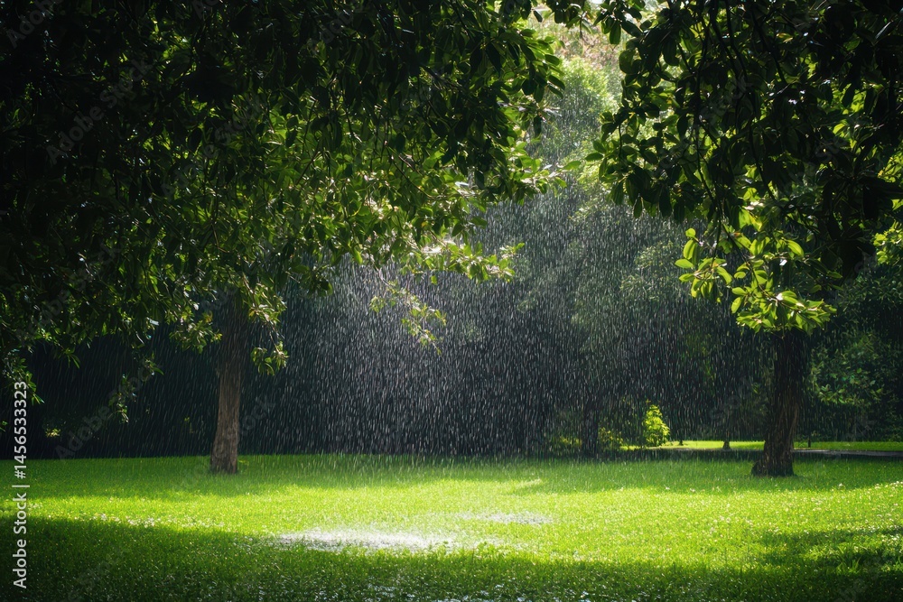 Obraz premium Rainfall nurturing green lawn and trees