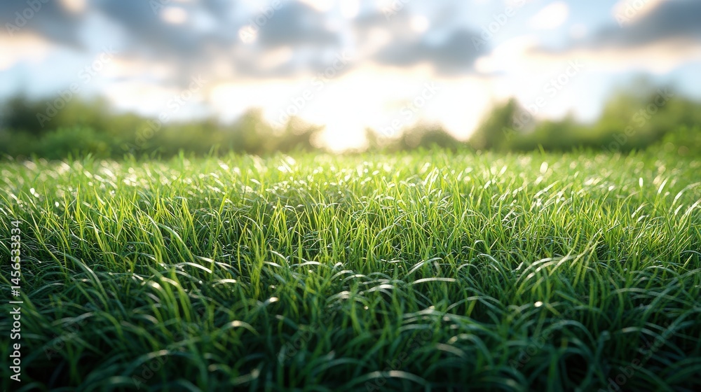 Fototapeta premium Sunlight over meadow of green grass, trees blurred in background and sky