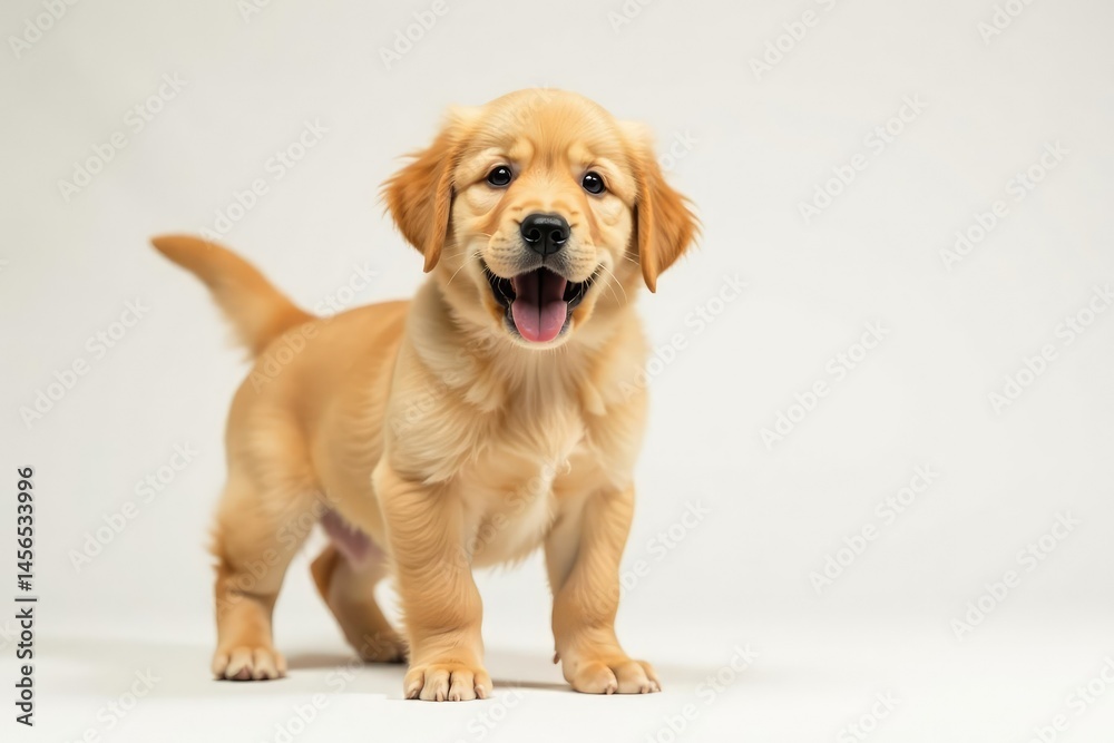 Golden Retriever puppy stands, tail wagging, ears perked , cute puppy, small Golden Retriever puppy stands, tail wagging, ears perked , cute puppy, small