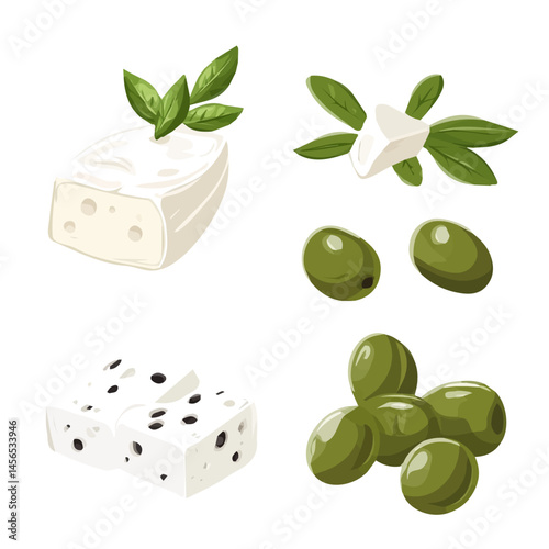 A Simple flat 2D icon of feta cheese and olives set isolated on a transparent background, vector, flat design, animation design, simple flat 2D icon, minimalist design