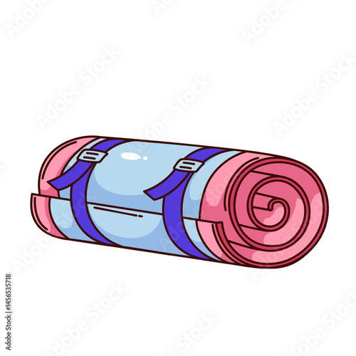 Groovy cartoon yoga mat roll. Funny retro folded pink gym rubber carpet for training and yoga meditation on floor. Sport, pilates workout mascot, cartoon sticker of 70s 80s style vector illustration