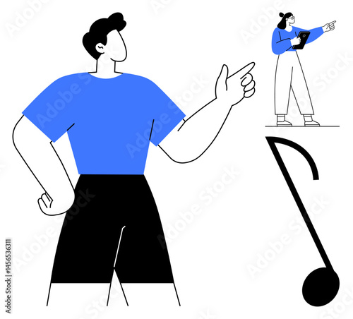 Two characters, one pointing confidently and the other holding a clipboard, placed beside a bold exclamation mark. Ideal for teamwork, leadership, goal setting, decision-making, problem-solving