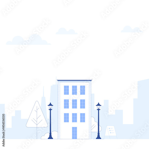 Suburb city street with apartments houses and shop buildings horizontal background. City view with house facades. Abstract architecture modern cityscape panorama. Vector illustration in flat style