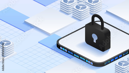 Antivirus encryption and cloud data protection. Padlock surrounded by server stacks and cooling fans. Data analytics screens. Safeguarding data. Isometric vector illustration