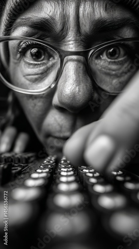 Close-up of telephone operator focused on switching cables at a vintage switchboard Black and white