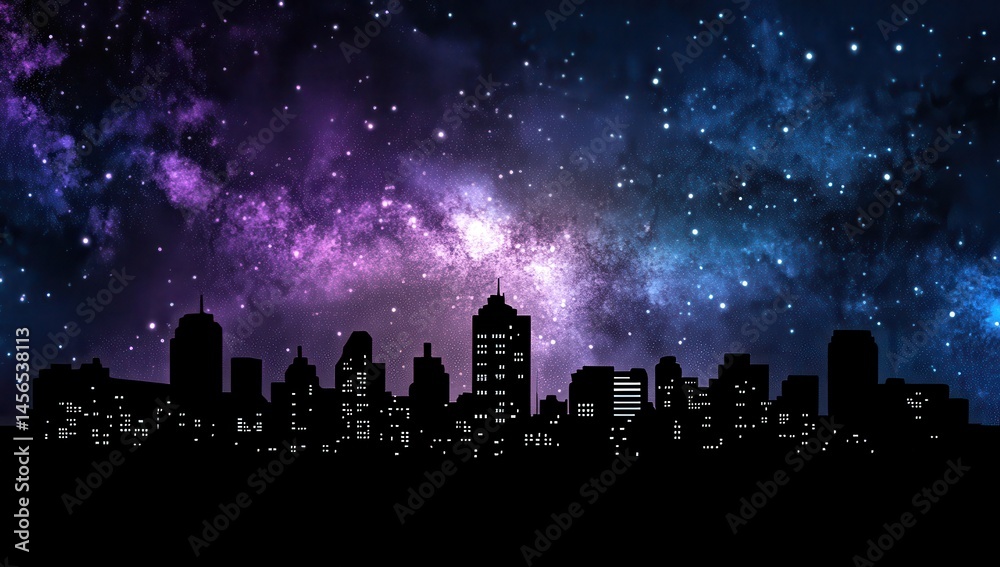 Fototapeta premium City skyline at night under a starry sky filled with nebulas