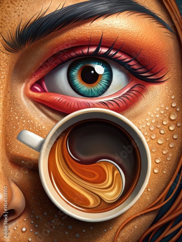 Coffee reflection in pop art style with womans eye and lips in vibrant colors