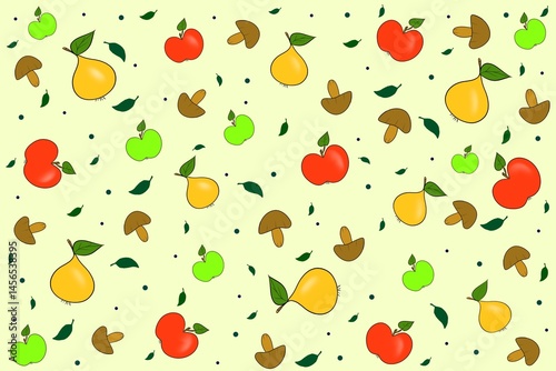 pattern with colourful apples, pears, mushrooms and green leaves on beige background