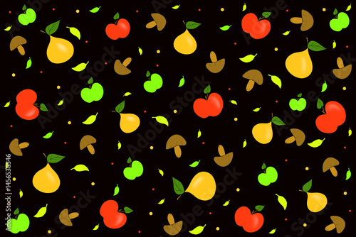 Pattern with colourful apples, pears, mushrooms and green leaves on black background