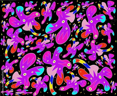 Bright geometric abstract with colourful shapes on black background