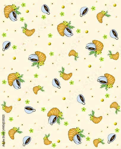 Pattern with cups of coffee, flowers and croissants on beige background