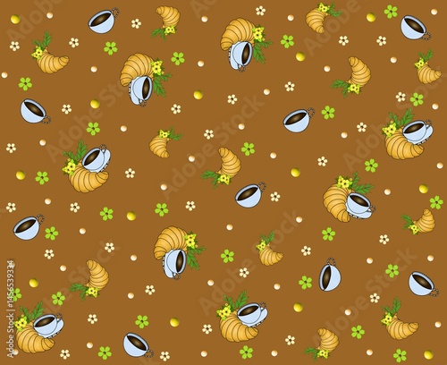 Pattern with cups of coffee, flowers and croissants on brown background