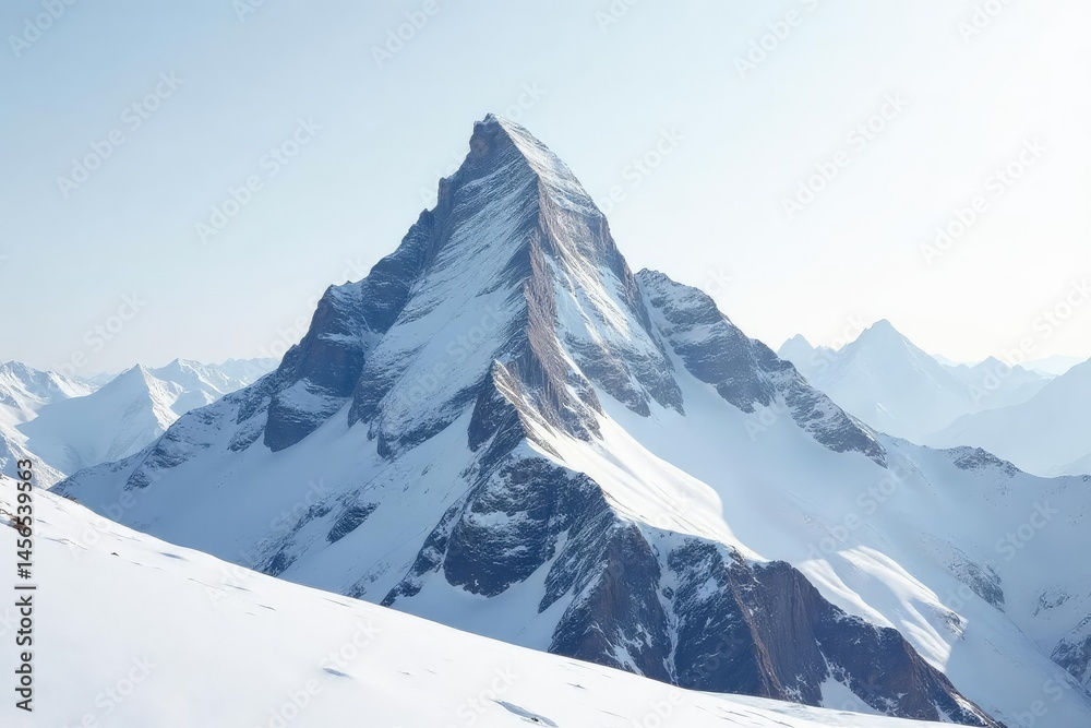 Obraz premium Snow-covered mountain peak against a bright white sky, natural beauty, panorama, cold