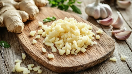 Chopped ginger root on wooden cutting board