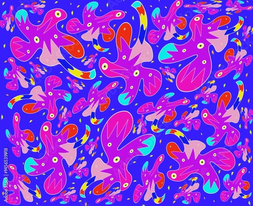 Bright geometric abstract with colourful shapes on blue background