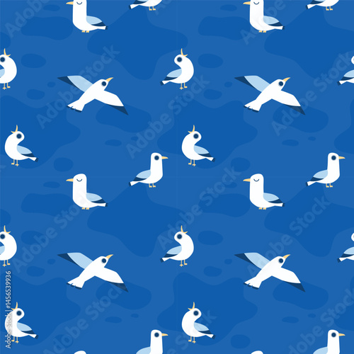 Marine seamless pattern with seagulls in different poses in cartoon style on blue background