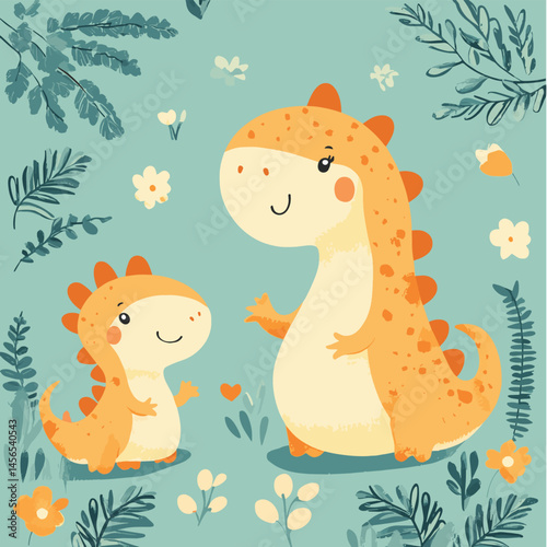 Cute Animals Mom and Baby. Amazing lovely card for Mother's Day. Flat style, vector seamless pattern. Cartoon dino, vector style simple color