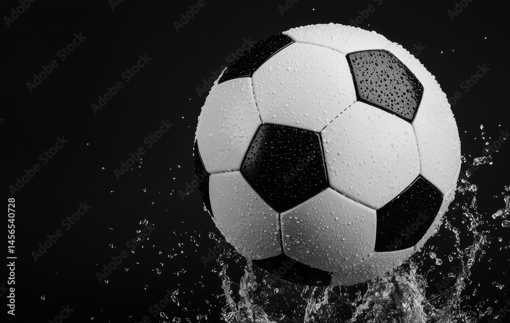 Fototapeta premium Black and White Soccer Ball Splashing in Water on Dark Background