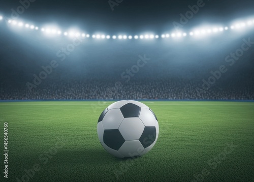 Soccer Ball on the Field in Stadium with Bright Lights and Crowd