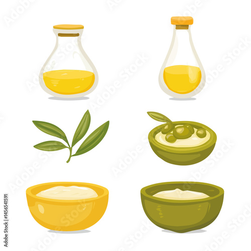 A Simple flat 2D icon of labneh with olive oil set collection isolated on a transparent background, vector, flat design, animation design, simple flat 2D icon, minimalist design, clipart, illustration