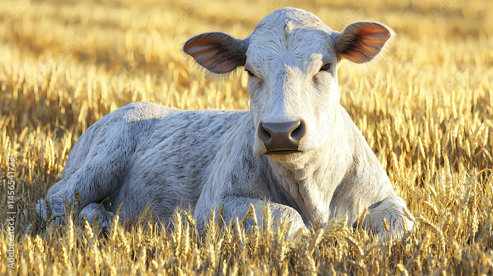 Obraz premium White calf resting in golden wheat field