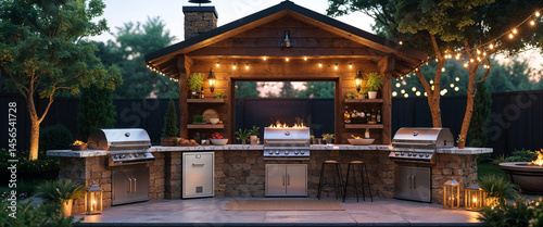 Luxurious outdoor kitchen with stainless steel grills and cozy ambiance in the evening