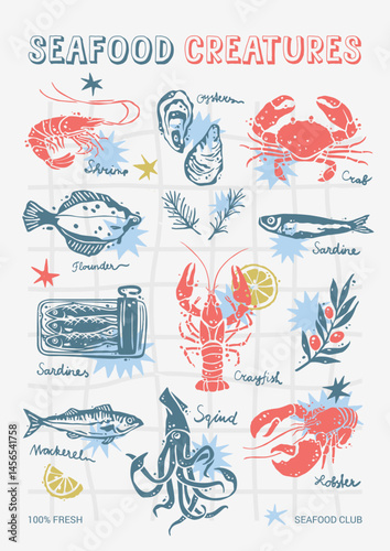 Seafood Creatures Food Poster A3