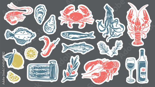 Seafood Creatures Stickers Design Set