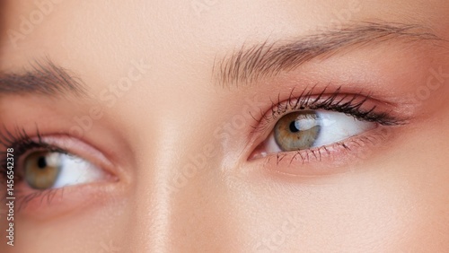 Obraz na płótnie Macro close-up of a woman s eyes with soft peach eyeshadow and smooth skin texture. Ideal for eye care, facelift, skincare, or anti-aging cosmetic promotions. High detail beauty concept. w salonie