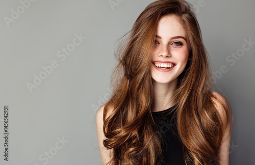 The keratin treatment results on a beautiful woman with healthy brown hair are evident in her long, smooth, and shiny hair with highlights, as seen in a studio shot that also showcases her flawless