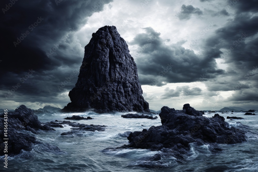 Obraz premium Along the shores of Iceland stands an enormous black monolith, reaching for the sky amidst a gloomy and gray environment