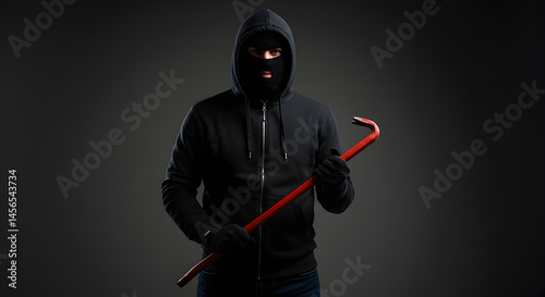 Hooded Burglar Holding Crowbar in Studio Lit Dark Gray Background Security Threat