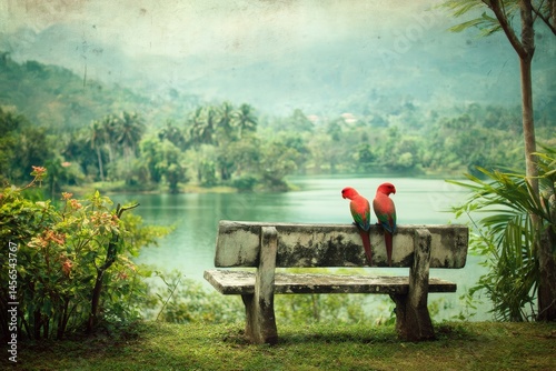 A photograph of a fantastical scene features a moss-covered sofa situated by a lake in the woods, with two flamingos perched upon it, evoking a serene and enchanting atmosphere reminiscent of a fairy